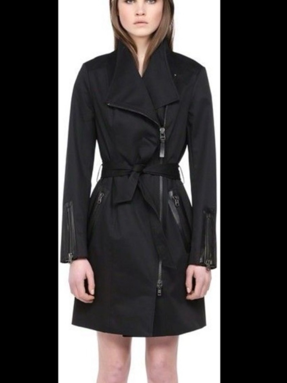 Black Mackage,Women's Asymmetrical Zip Estela, belted Trench Coat - Picture 10 of 14